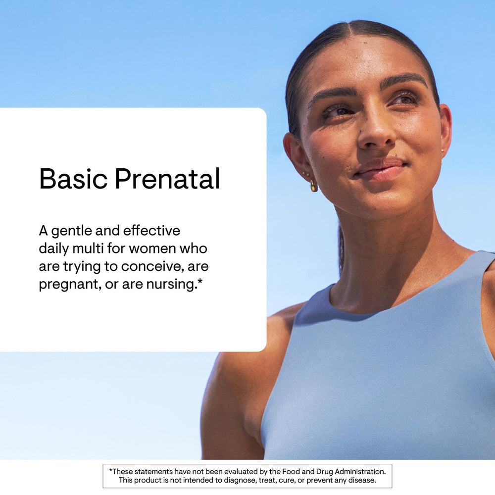 THORNE Basic Prenatal capsules close-up highlighting easy-to-swallow capsules and 5-MTHF folate