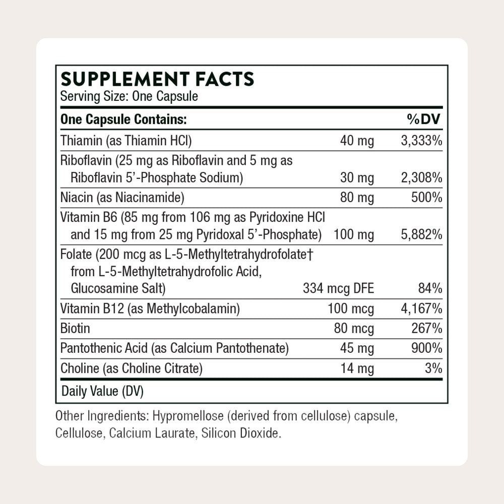 Thorne B-Complex6 capsules inside bottle ready for daily supplementation.