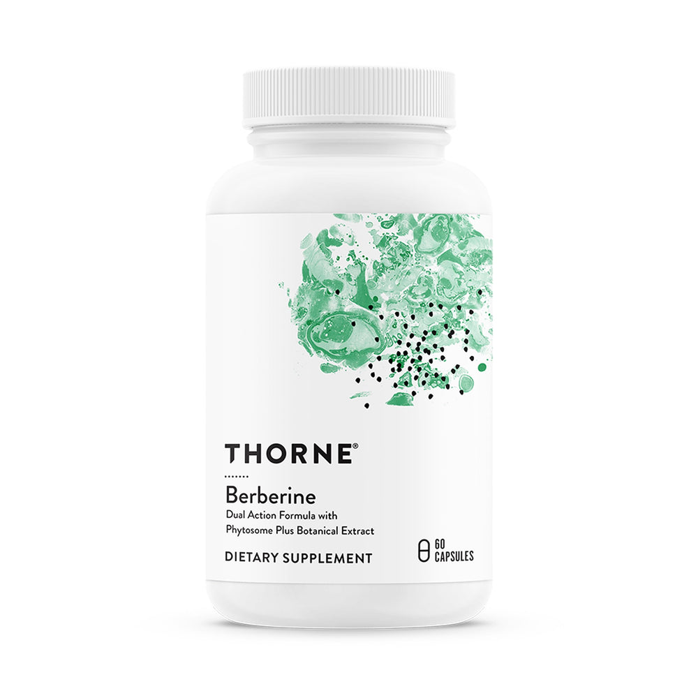 Thorne Berberine bottle front showcases dual action formula for metabolic support.
