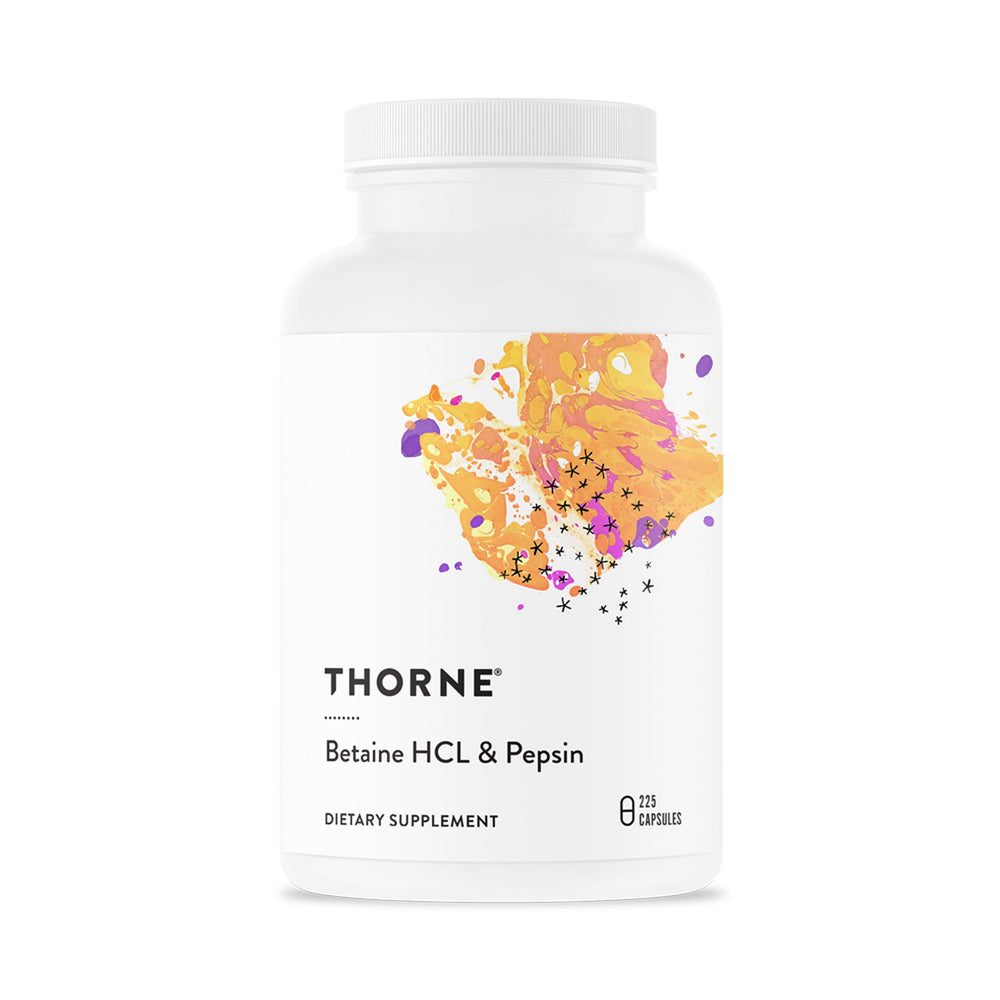 THORNE Betaine HCL & Pepsin bottle shown, supporting protein digestion and overall comfort after meals.