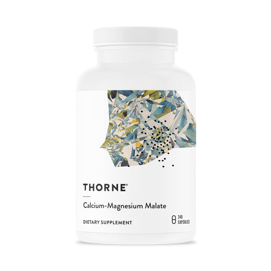 THORNE Calcium-Magnesium Malate bottle front, gluten-free formula for bone support.
