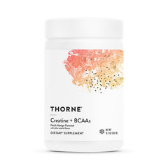 THORNE Creatine + BCAAs powder tub front with Peach Mango flavor for workouts