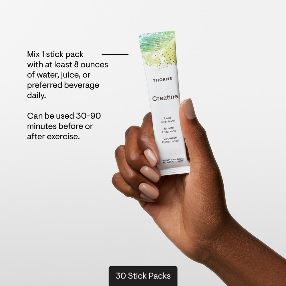 THORNE creatine label close-up reveals ingredients and usage guidance