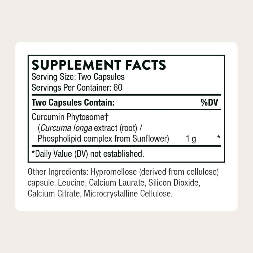 Thorne Curcumin Meriva label close-up highlights high absorption.