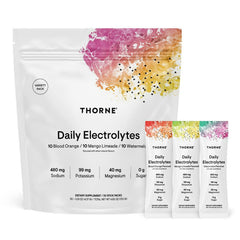 Thorne Daily Electrolytes bottle front shows zero sugar and natural flavor benefits.
