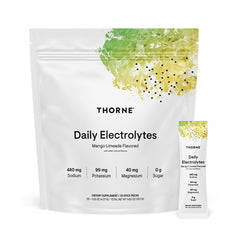 THORNE Daily Electrolytes pack shot shows zero-sugar hydration for active days.
