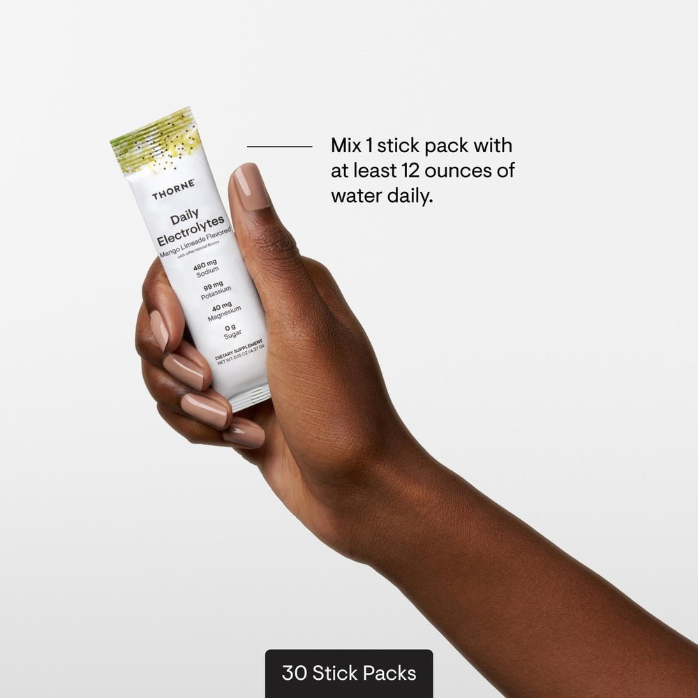 THORNE Daily Electrolytes stick-pack collection enables easy travel hydration.