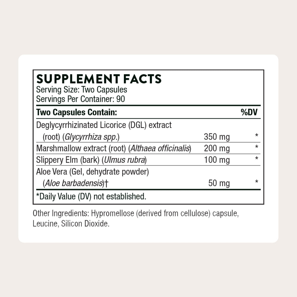 THORNE GI Relief capsules shown with warm tea option for soothing upper digestion.