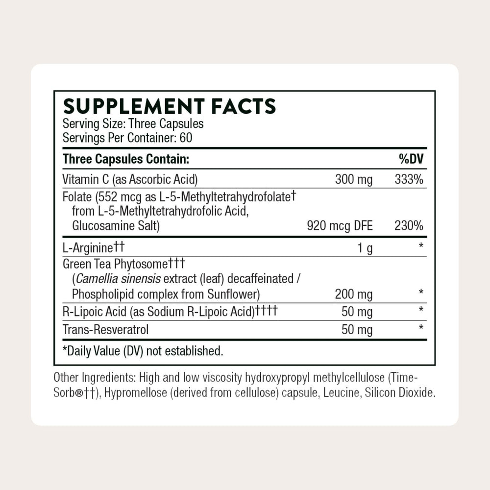 THORNE L-Arginine Plus bottle back lists ingredients and usage for heart health