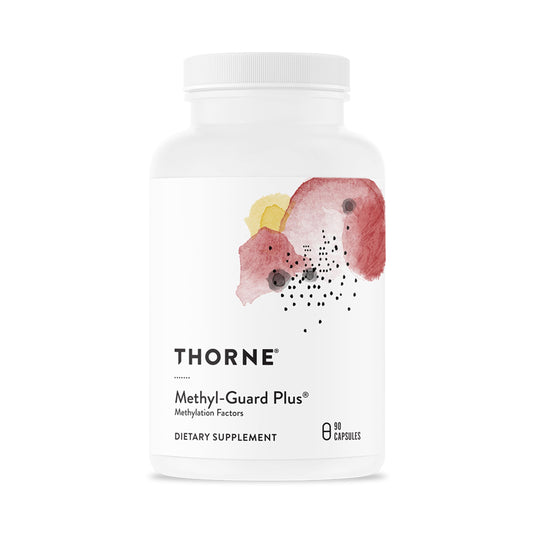 Thorne Methyl-Guard Plus bottle front highlighting active folate and B vitamins for daily support.