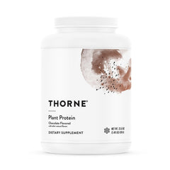 Thorne Plant Protein packaging highlighting vegan formula for clean nutrition.
