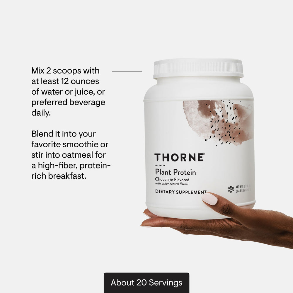 Thorne Plant Protein serving provides 22 g of protein per serving.