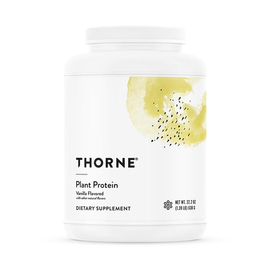 THORNE Plant Protein vanilla bottle pour highlights convenient sport-friendly shake option.