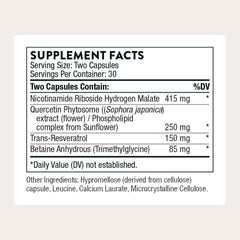 Thorne ResveraCel label close-up showing key ingredients and dosage information.