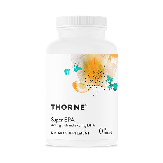 THORNE Super EPA bottle label showing EPA and DHA values for brain support