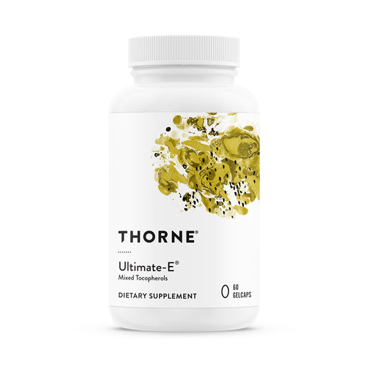 Thorne Ultimate-E bottle front shows natural vitamin E blend for antioxidant support