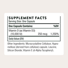 Close-up of Thorne Vitamin D3 capsules highlighting high potency 10,000 IU.