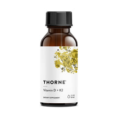 Thorne Vitamin D3 and K2 liquid bottle with metered dispenser for daily calcium support.