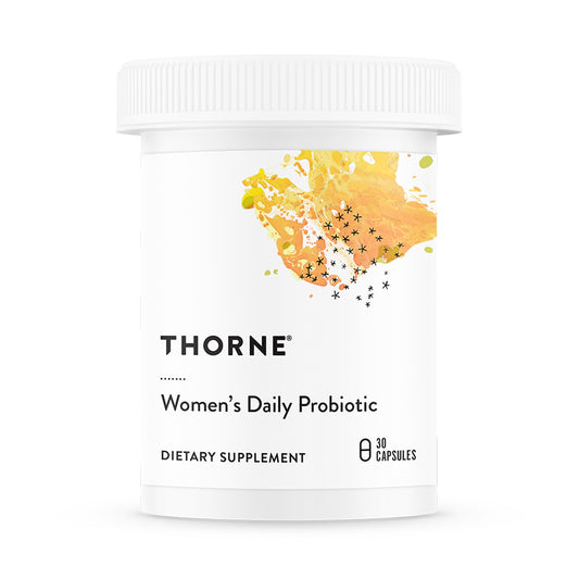 THORNE Women’s Daily Probiotic bottle front shows shelf-stable packaging ideal for on-the-go use.