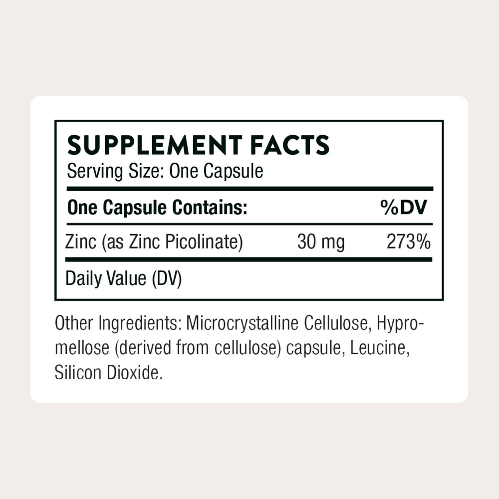 Close-up of Thorne zinc capsules highlighting easy-to-swallow form
