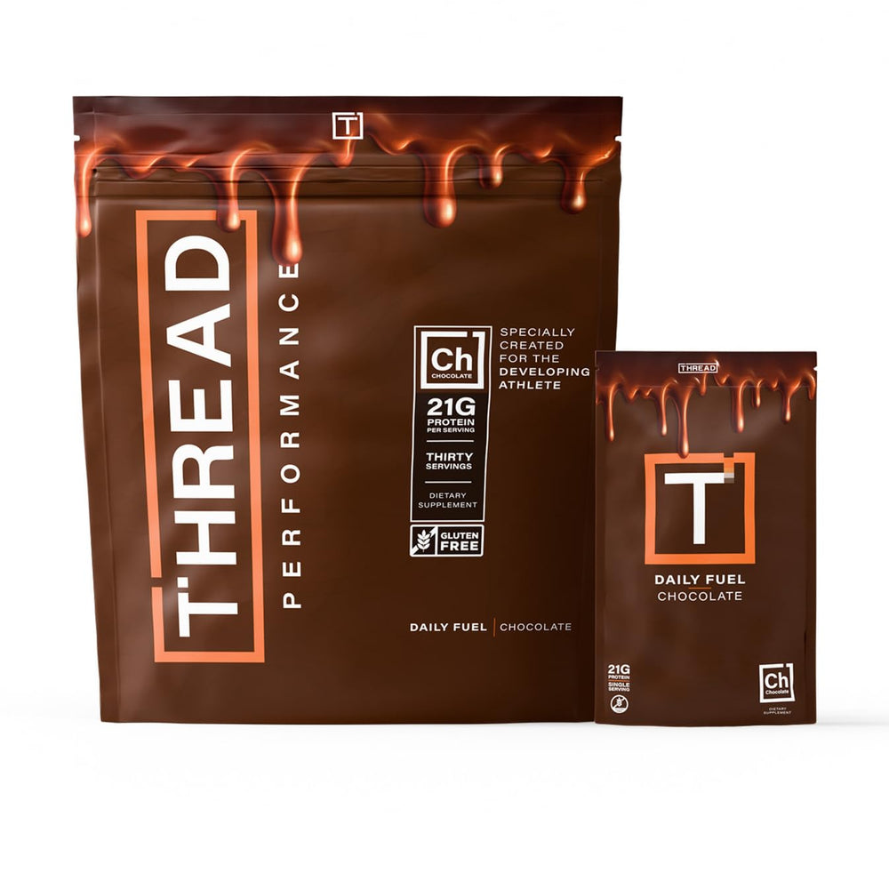 THREAD Performance Daily Fuel chocolate brownie bottle highlights protein packed nutrition for athletes.