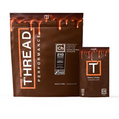 THREAD Performance Daily Fuel chocolate brownie bottle highlights protein packed nutrition for athletes.