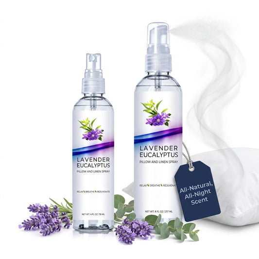 Three Drops of Life lavender-eucalyptus pillow spray bottle promotes restful sleep.