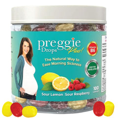 Three Lollies Preggie Drops Plus packaging with Vitamin B6 for on-the-go nausea relief.