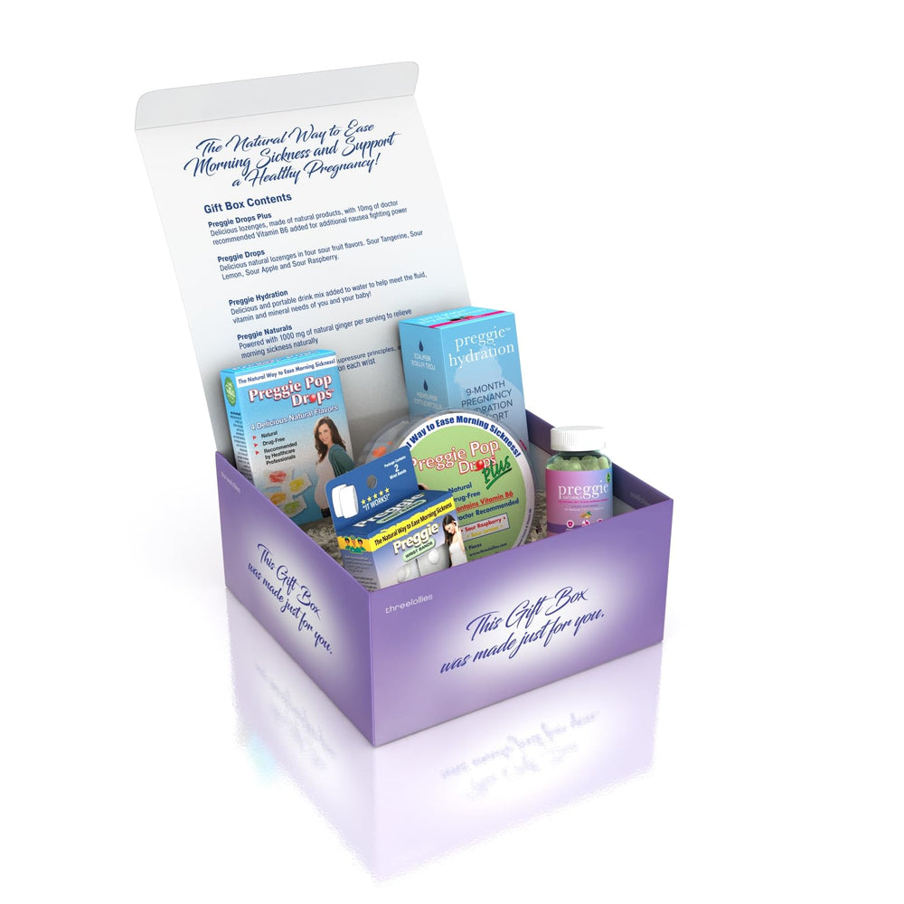 Three Lollies Preggie lozenges bottle eases nausea with vitamin B6 and essential oils.
