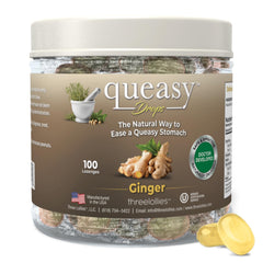 Three Lollies Queasy Drops ginger-flavor packaging with soothing lozenges for nausea relief.