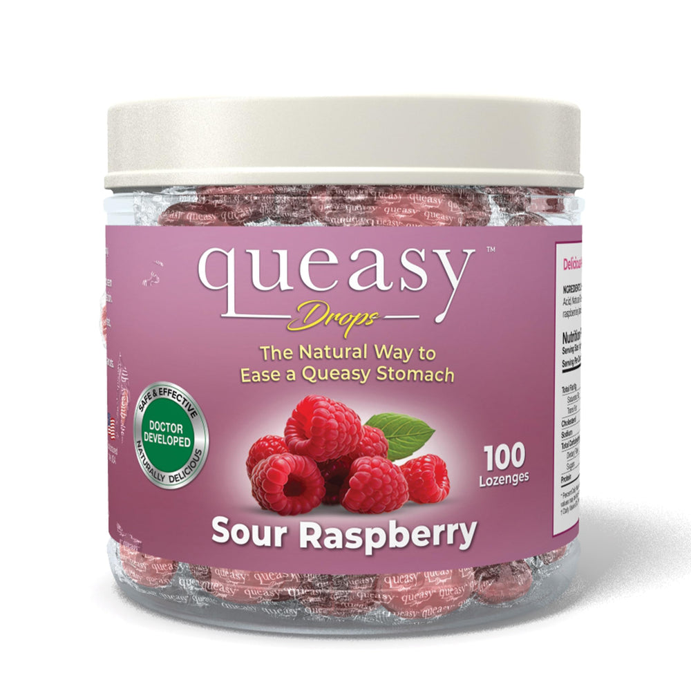Three Lollies Queasy Drops packaging for easy on-the-go nausea relief.