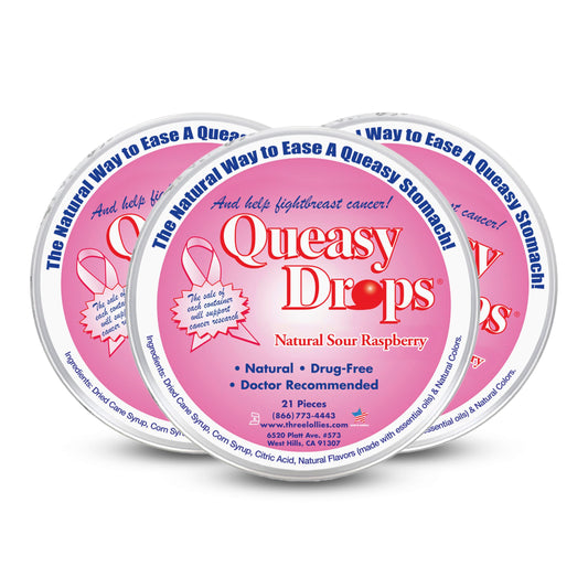Three Lollies Queasy Drops sour raspberry bottle for travel relief
