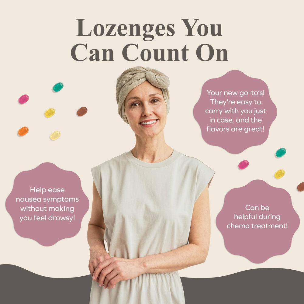 Three Lollies Queasy Drops raspberry flavor lozenges during travel or chemo-related nausea