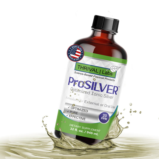 Thrival Labs Ionic Colloidal Silver Liquid bottle on a kitchen counter for daily wellness.