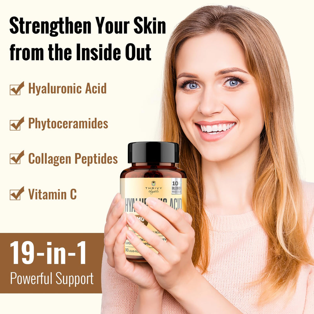 ThrivyThystle capsules label highlights the 4-in-1 formula for skin and gut support.