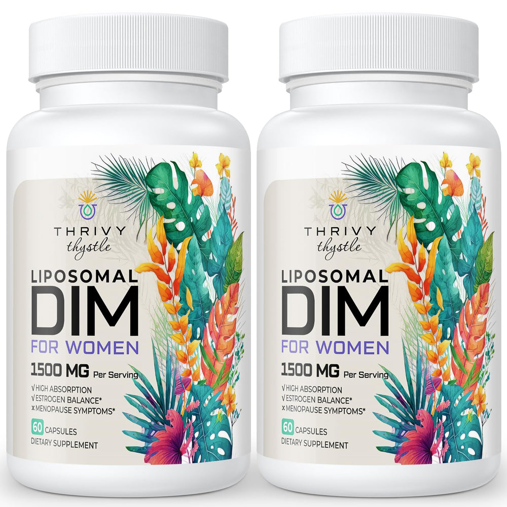 ThrivyThystle liposomal DIM bottle showing enhanced bioavailability for balanced hormones.