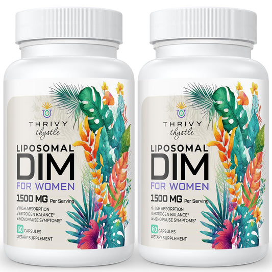 ThrivyThystle liposomal DIM bottle showing enhanced bioavailability for balanced hormones.