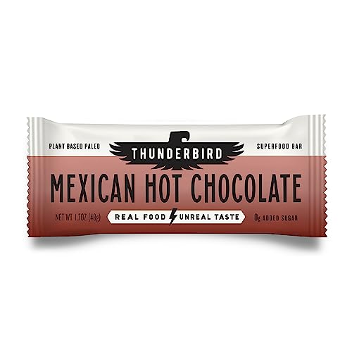 Thunderbird Bars Mexican Hot Chocolate pack close-up highlighting gluten-free and paleo-friendly ingredients.