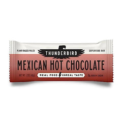 Thunderbird Bars Mexican Hot Chocolate pack close-up highlighting gluten-free and paleo-friendly ingredients.