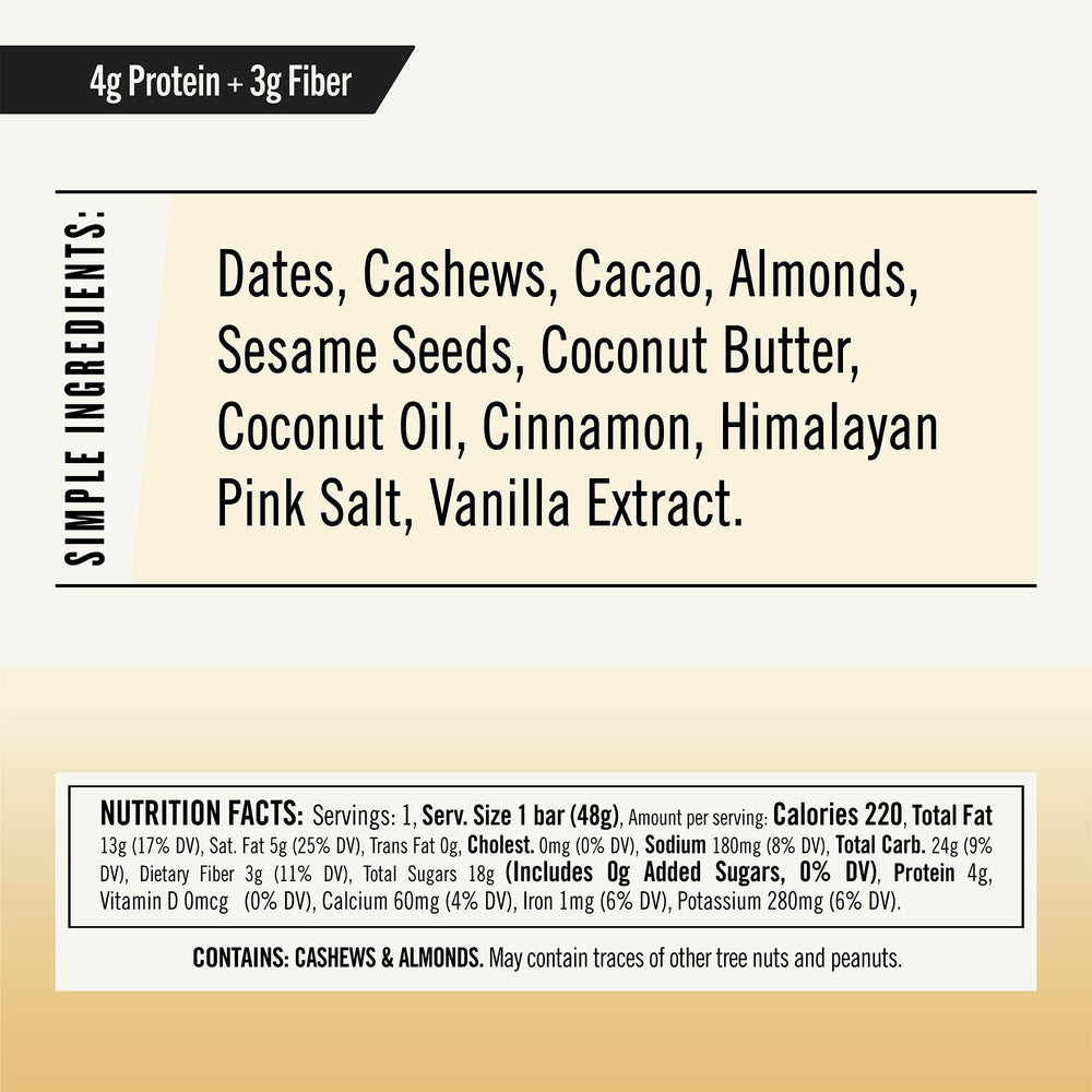 Thunderbird Snickerdoodle Cashew Tahini Bar ingredients close-up showing real food ingredients.
