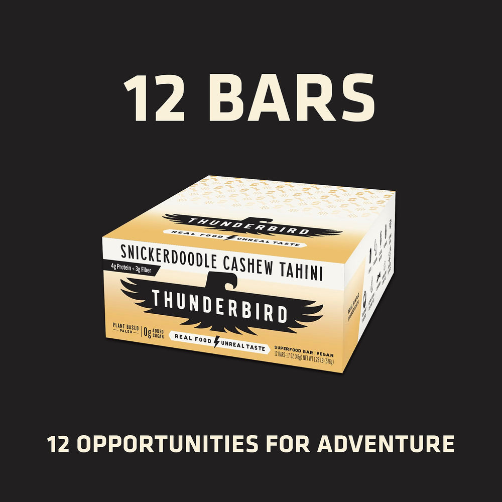 Thunderbird Snickerdoodle Cashew Tahini Bar vegan and gluten-free packaging label.