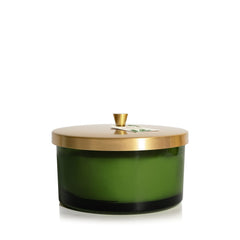 Thymes Frasier Fir candle with green glass vessel for cozy ambiance.