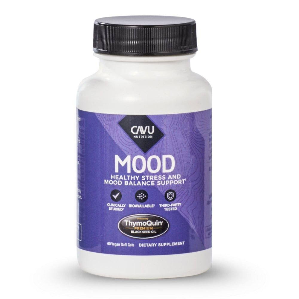 ThymoQuin Mood softgels bottle on shelf for daily mood support
