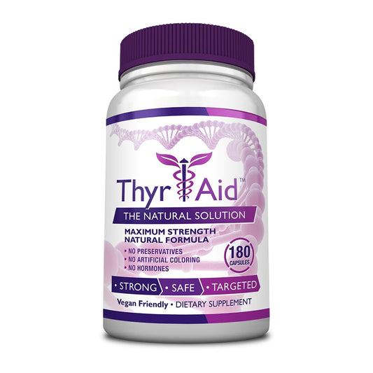 ThyrAid bottle front view, vegan thyroid support supplement for daily wellness.