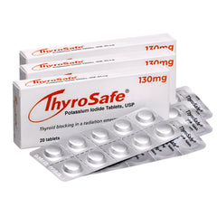 THYROSAFE 130mg KI tablets packaging for emergency preparedness and thyroid protection.