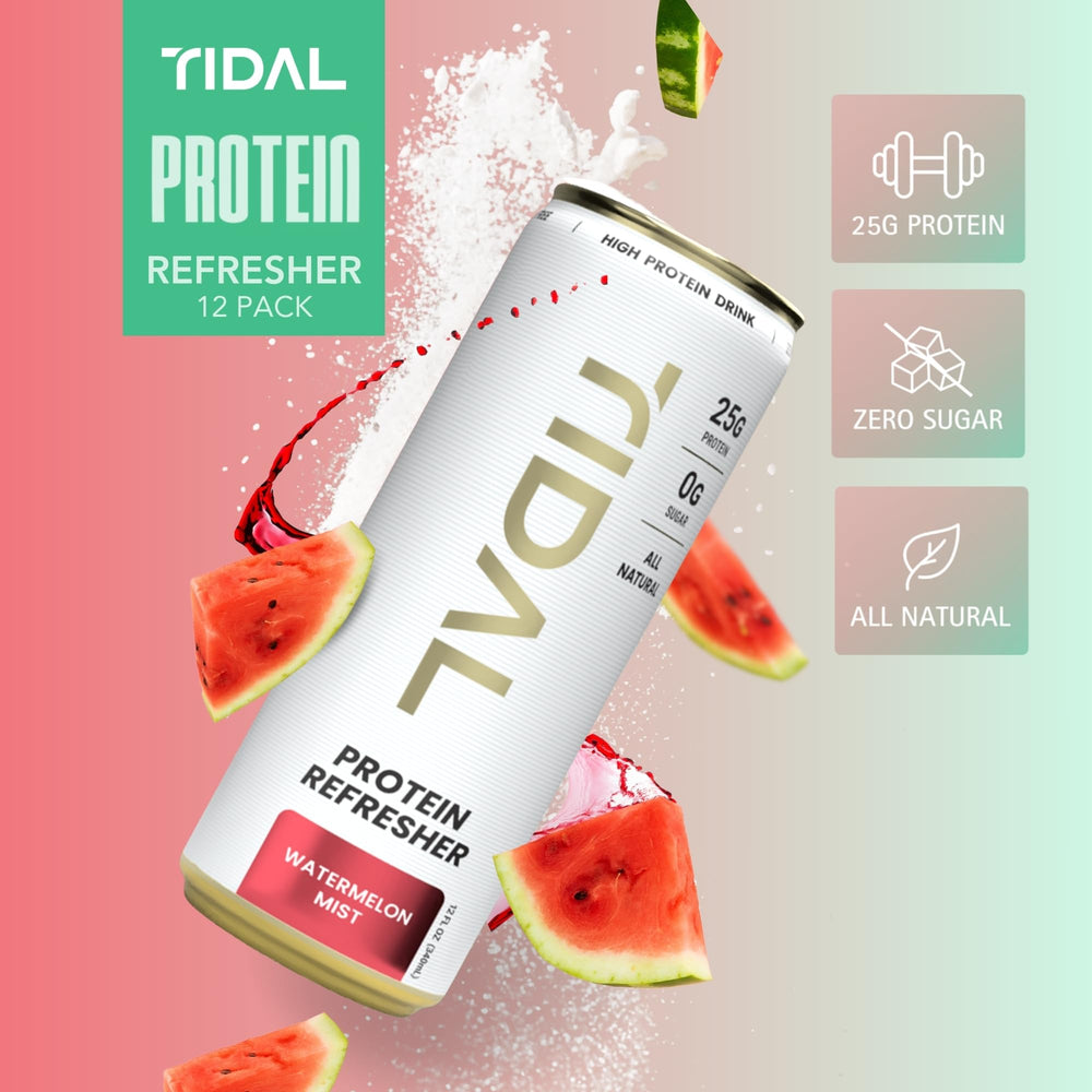 TIDAL Protein Refresher being poured into a glass showing light, sugar-free hydration.