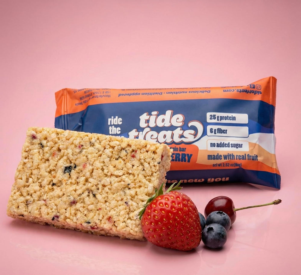 Island Berry flavor display of Tidetreats Crispy Rice Bar.
