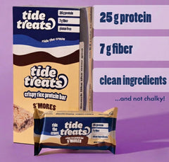 Tidetreats Crispy Rice Bar nutrition label highlights 25 g protein and 7 g fiber