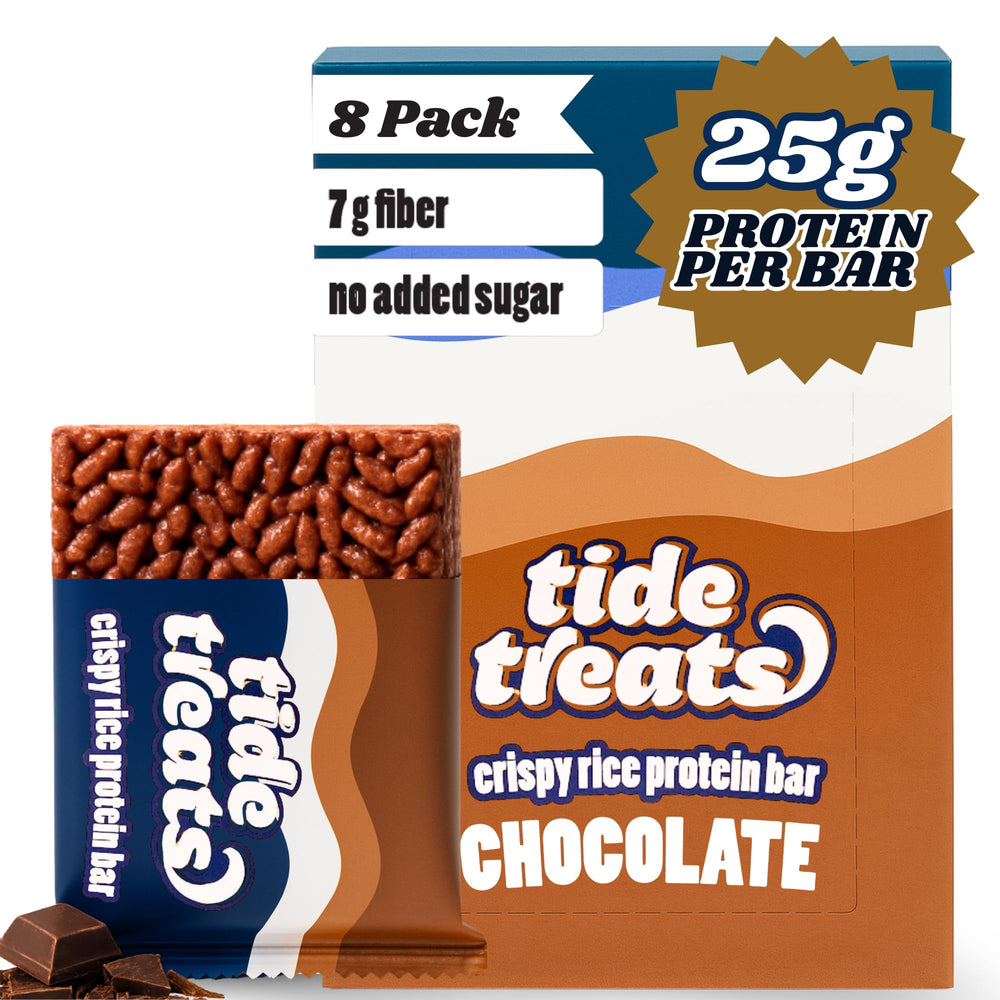 Tidetreats Crispy Rice Bar packaging shown for grab-and-go high-protein snack.
