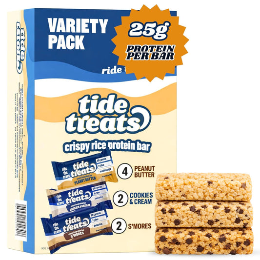 Tidetreats Crispy Rice Protein Bar variety-pack box front for grab-and-go fueling